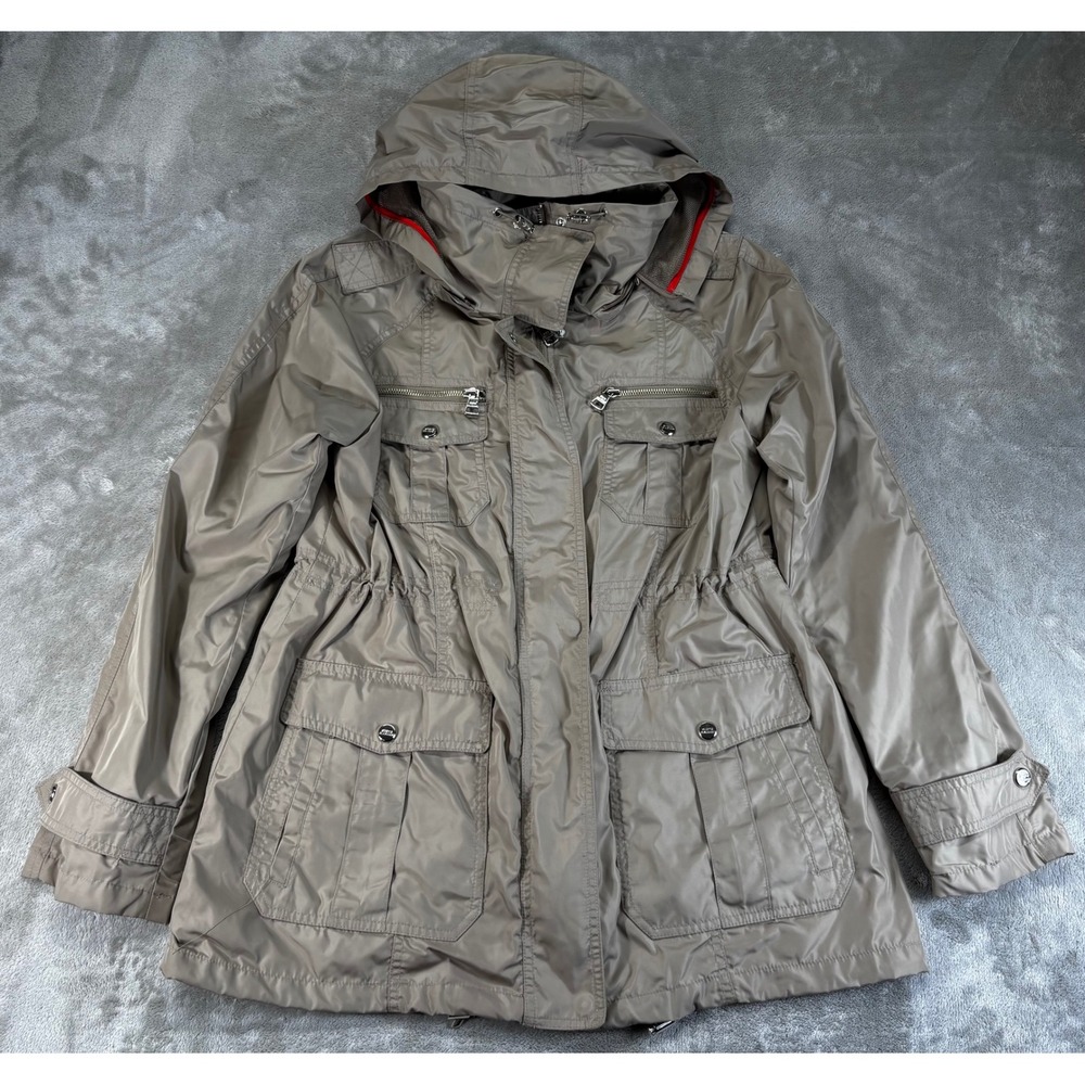 Steve Madden Anorak Jacket Womens Large Taupe Excellent Hooded Utility‎ Zip Up